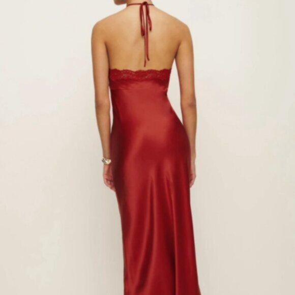 Reformation Silk Aara Lace Halter Maxi Slip Dress Sundried Tomato Small NWT - Picture 2 of 11